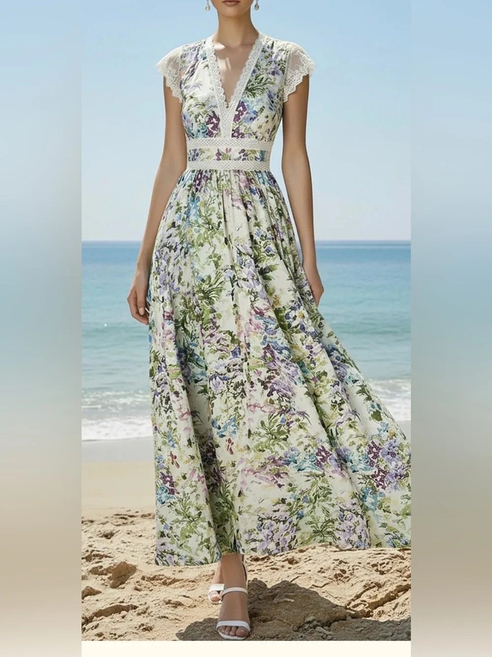Floral Lace V-Neck Maxi Dress in White and Pastel Floral #260